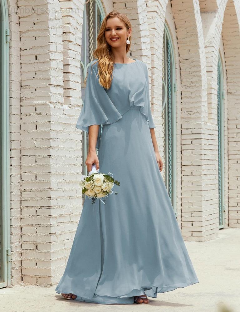 Bridesmaid Dress Women Long Sleeve V-Neck Chiffon Formal Wedding Party Dress 28018