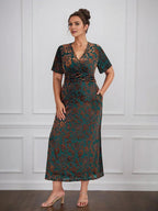 Vintage Plain V-Neck Short Sleeves Velvet Tea-Length Mother of the Bride Dress With Slit