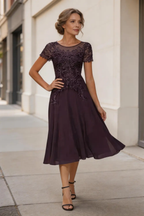 Elegant Plum Purple Lace Chiffon Tea-Length Mother of the Bride Dress by tangjianjun