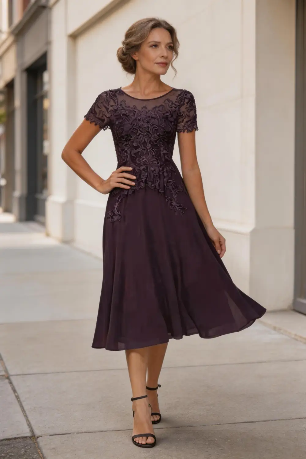 Elegant Plum Purple Lace Chiffon Tea-Length Mother of the Bride Dress by tangjianjun