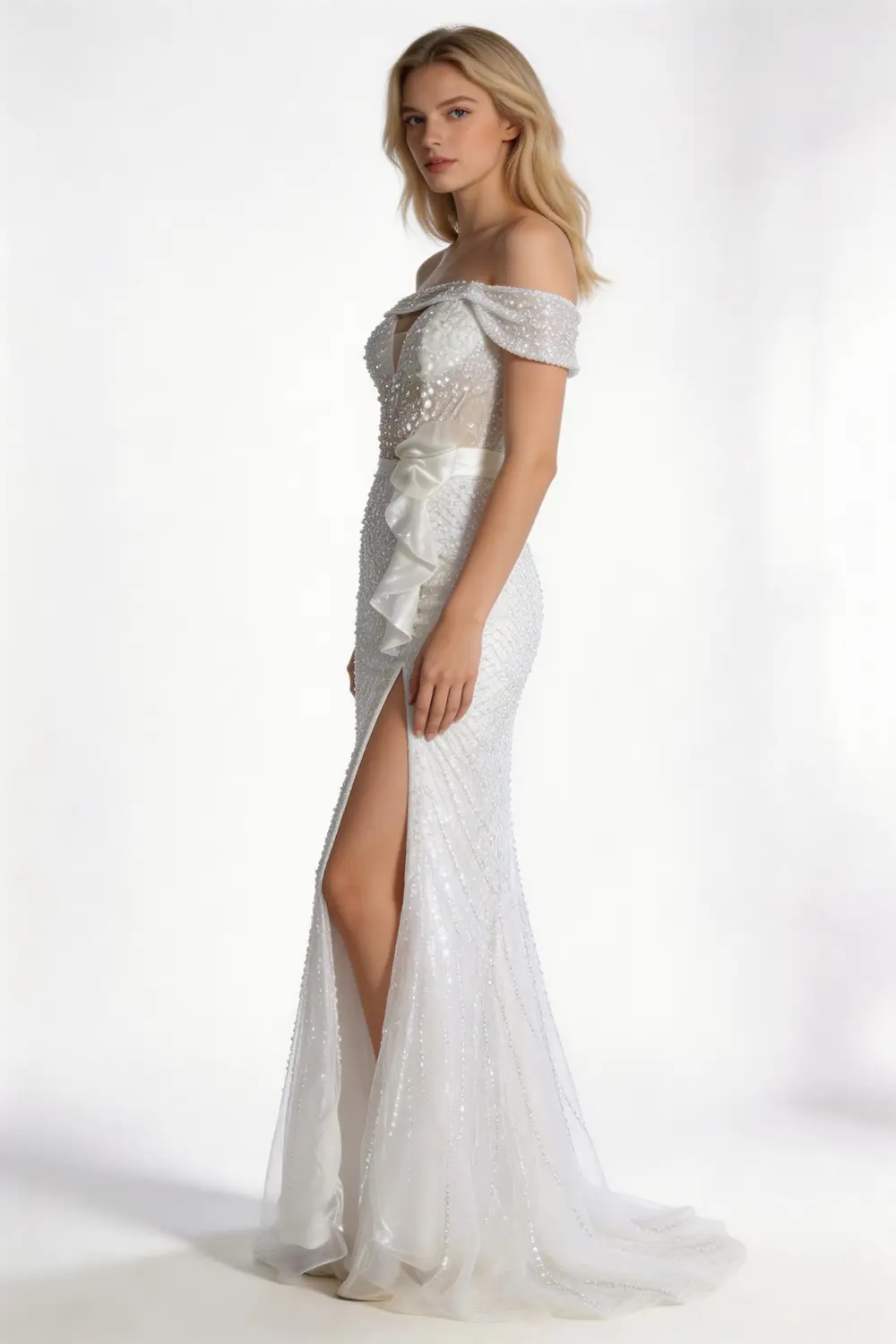 Off-the-Shoulder Sequin Mermaid Formal Gown with High Slit & Ruffle Detail by tangjianjun