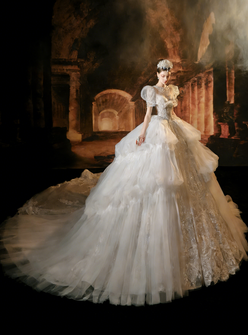 Puff Sleeve Beaded Ball Gown Wedding Dress with Train