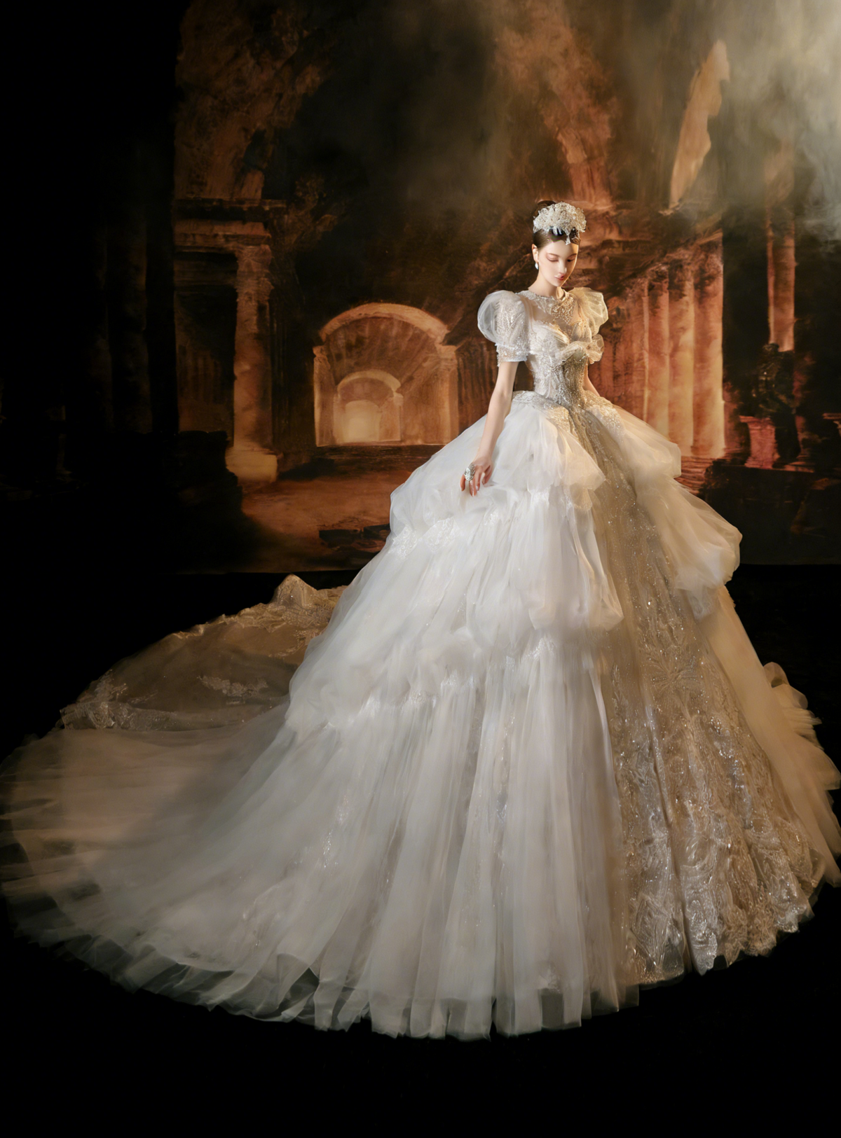 Puff Sleeve Beaded Ball Gown Wedding Dress with Train