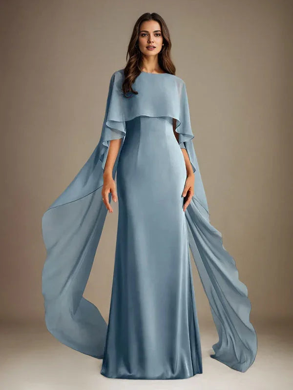 Robe mère de la mariée en mousseline, coupe droite/col bateau, longueur au sol, avec volants en cascade