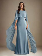 Robe mère de la mariée en mousseline, coupe droite/col bateau, longueur au sol, avec volants en cascade
