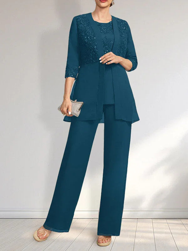 Combinaison/Pantalon Séparés Col Rond Longueur Sol en Mousseline Dentelle Robe de la Mère de la Mariée avec Paillettes