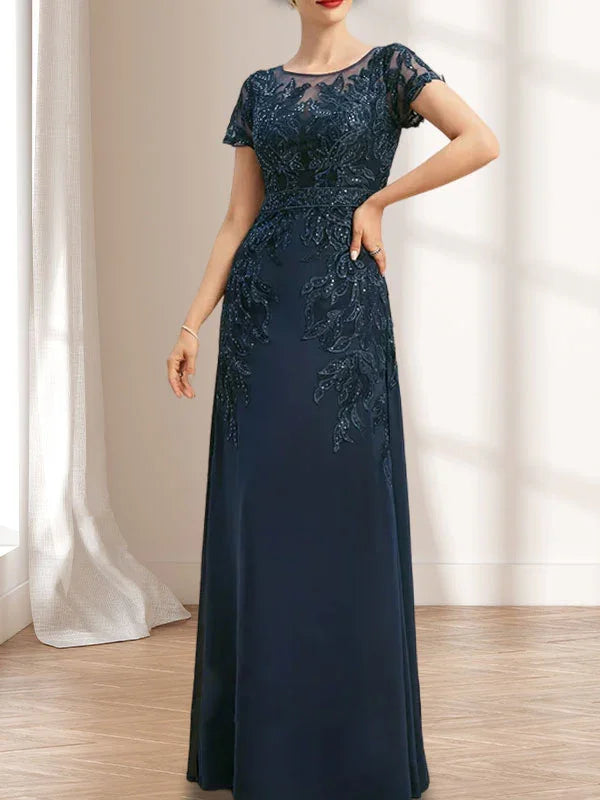 Vestido de madrina de novia con ilusión, corte columna y fajín, largo hasta el suelo, de encaje y gasa con lentejuelas