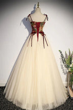 Champagne Tulle Spaghetti Strap Long Prom Dress A Line Party Ball Gown Y7952