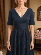 A-line V-Neck Tea-Length Tulle Lace Mother of the Bride Dress With Pleated