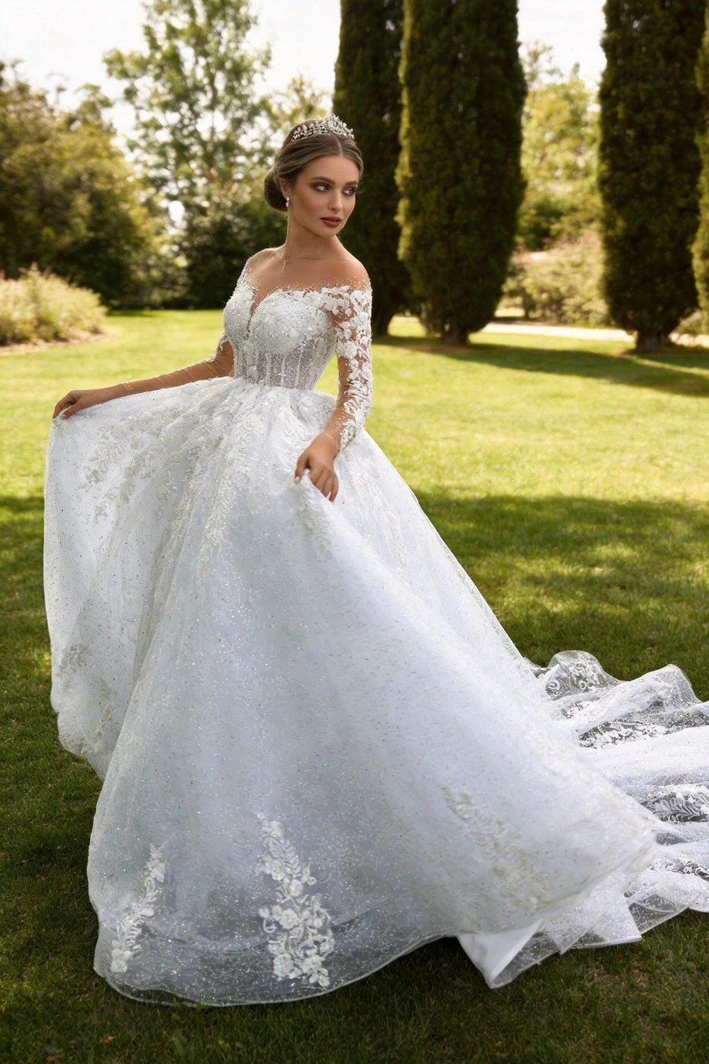 2025 Luxury Muslim Wedding Dress Women's Elegant Long Sleeve Lace Applique A-line Dress Beach Wedding Princess Party O-Neck Brid WD001 by payinti