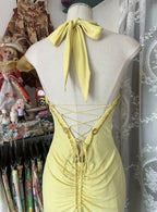 Elegantes gelbes Meerjungfrauen-Kleid mit Neckholder, Pailletten, Diamantbesatz, lang, Ballkleid, rückenfrei, mit Schlitz, Abendkleid Y8554