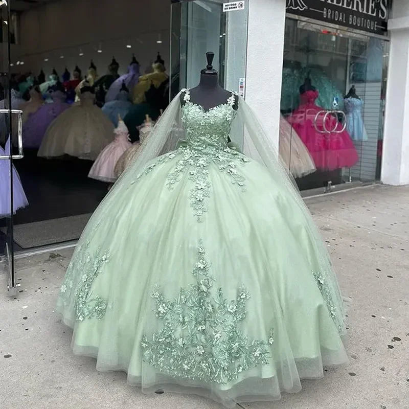 Vestidos Verde Menta para Quinceanera com Flores 3D Vestido de Baile Concurso Festa Doce 15 Anos Y4481