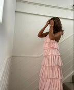 Vestido largo de fiesta rosa sin mangas con capas, vestido de noche rosa Y2301