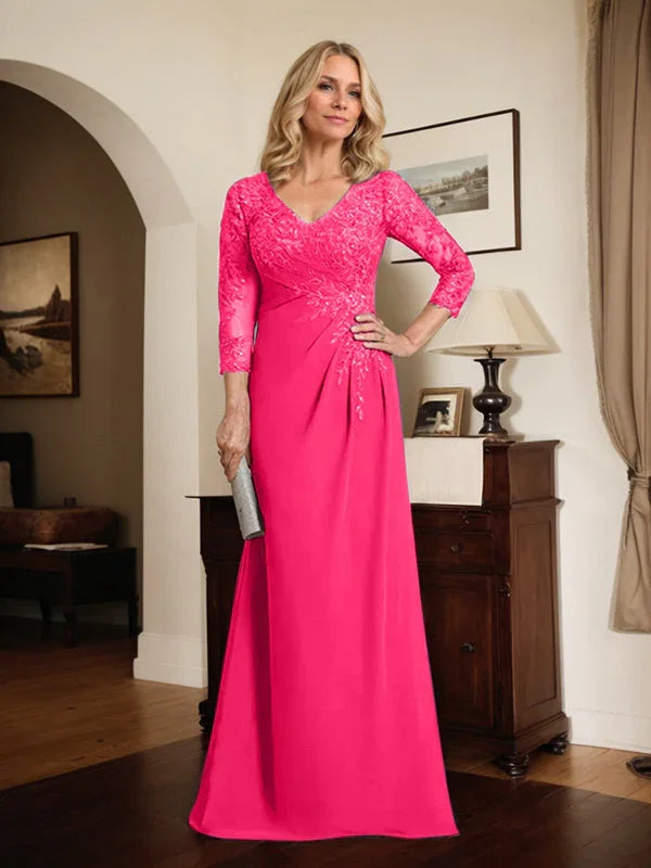 Vestido de madrina de novia con escote en V ilusión, corte columna, largo hasta el suelo, de encaje y gasa con lentejuelas plisadas