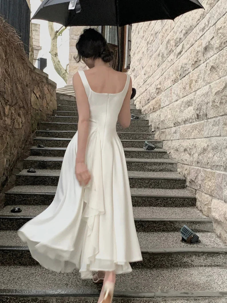 Vestidos Midi Brancos Elegantes com Folhos Vestido Novo de Verão para Noite Y4454