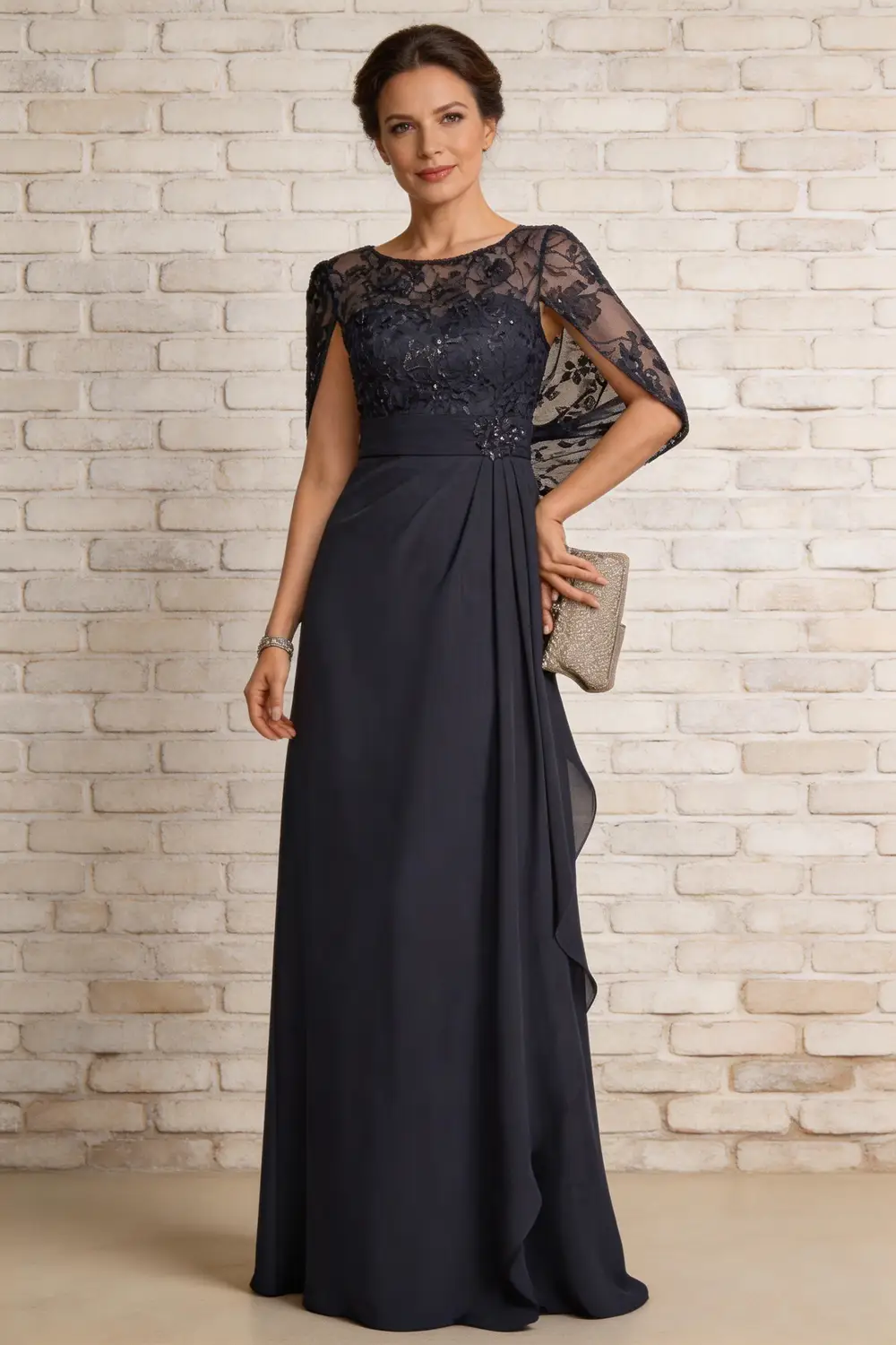 Dark Navy Lace Cape Sleeve Chiffon A-Line Mother of the Bride Formal Gown by tangjianjun