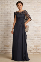 Dark Navy Lace Cape Sleeve Chiffon A-Line Mother of the Bride Formal Gown by tangjianjun