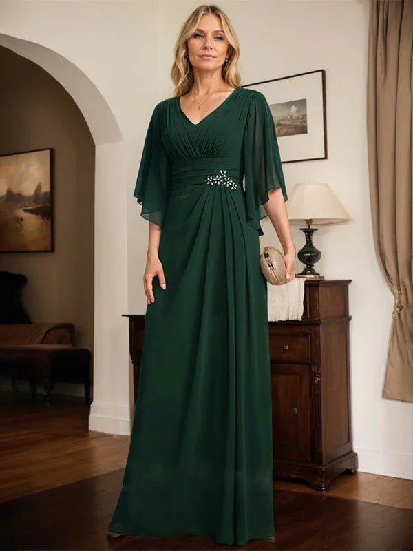 Vestido de Mãe da Noiva em Chiffon, Comprimento até ao Chão, Decote em V, Modelo Coluna com Pregas e Bordados de Lantejoulas