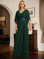 Vestido de Mãe da Noiva em Chiffon, Comprimento até ao Chão, Decote em V, Modelo Coluna com Pregas e Bordados de Lantejoulas