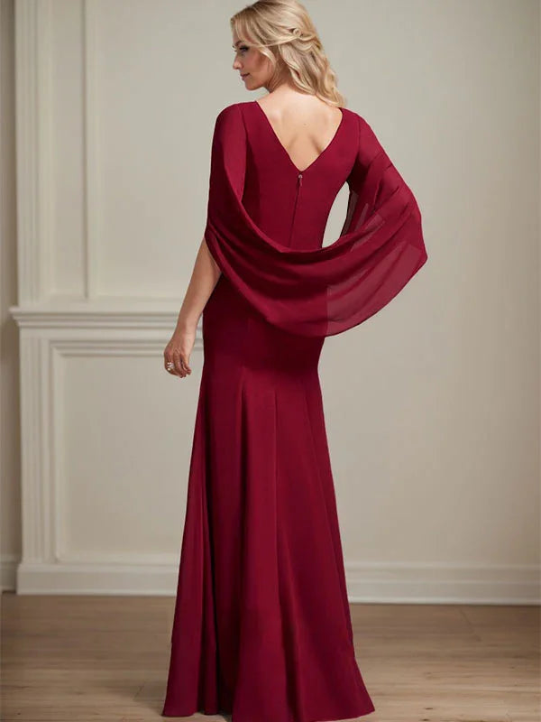 Vestido de madrina de novia de gasa con cuello barco estilo trompeta/cola de sirena y largo hasta el suelo con pliegues