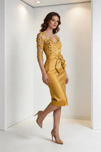 Gold Lace Illusion Neck Satin Sheath Dress, Bow Waist Formal Cocktail Gown by tangjianjun