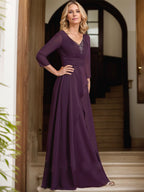 A-line V-Neck Floor-Length Chiffon Mother of the Bride Dress With Pleated Beading