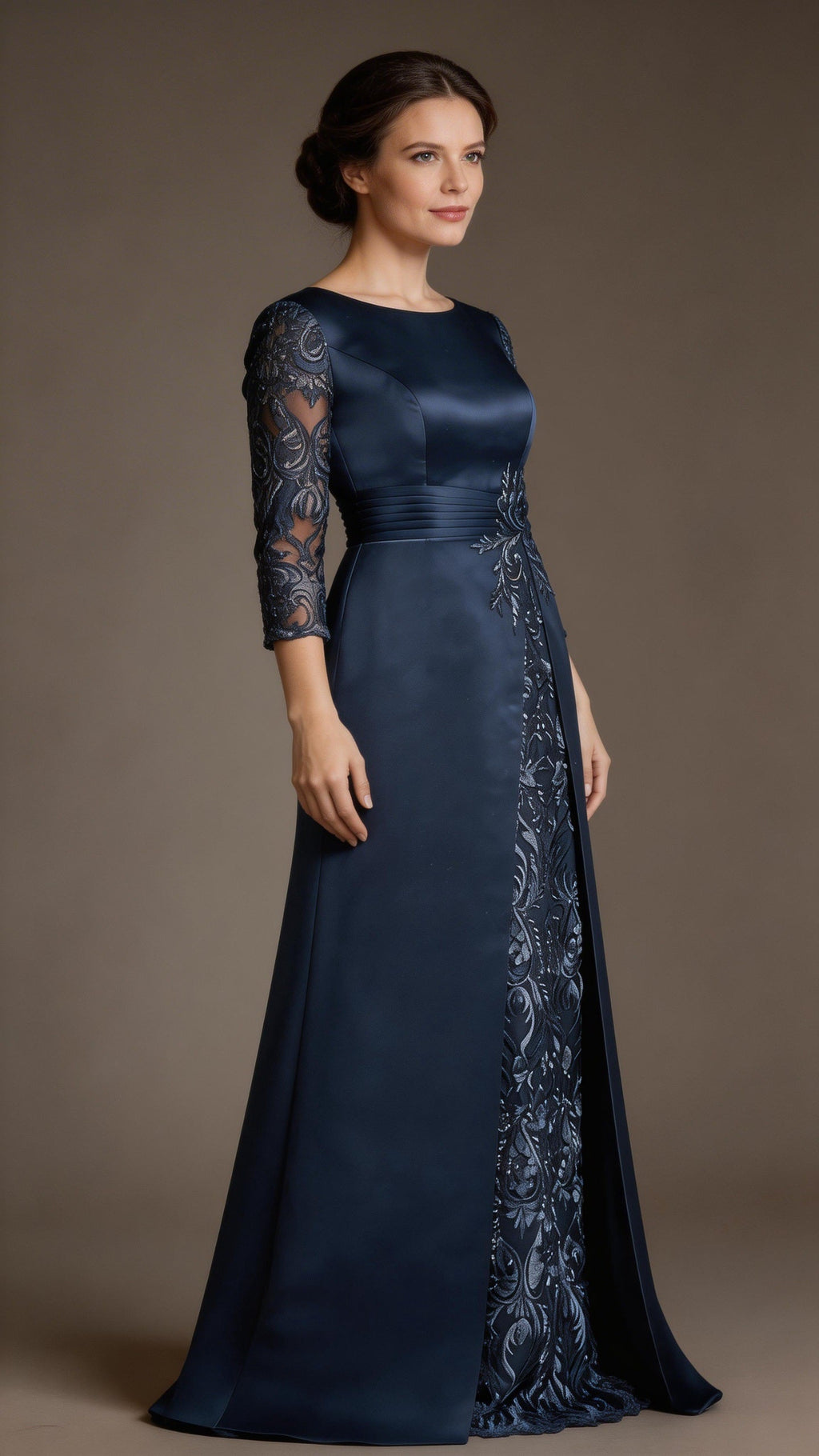 A-Line Scoop Floor-Length Lace Satin Mother Of the Bride Dress With Applique by Dreamylily