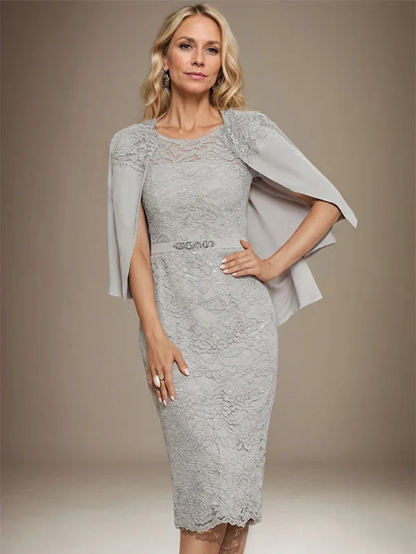 Vestido de madrina de novia de encaje de gasa con abalorios, corte columna y largo hasta la rodilla