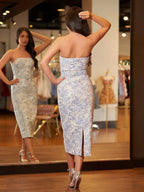 Zeno | Vestido de fiesta sin tirantes hasta la mitad de la pantorrilla con fajas estilo sirena
