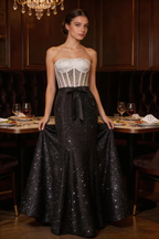White Lace Corset Black Glitter Mermaid Prom Dress, Strapless Formal Evening Gown by tangjianjun