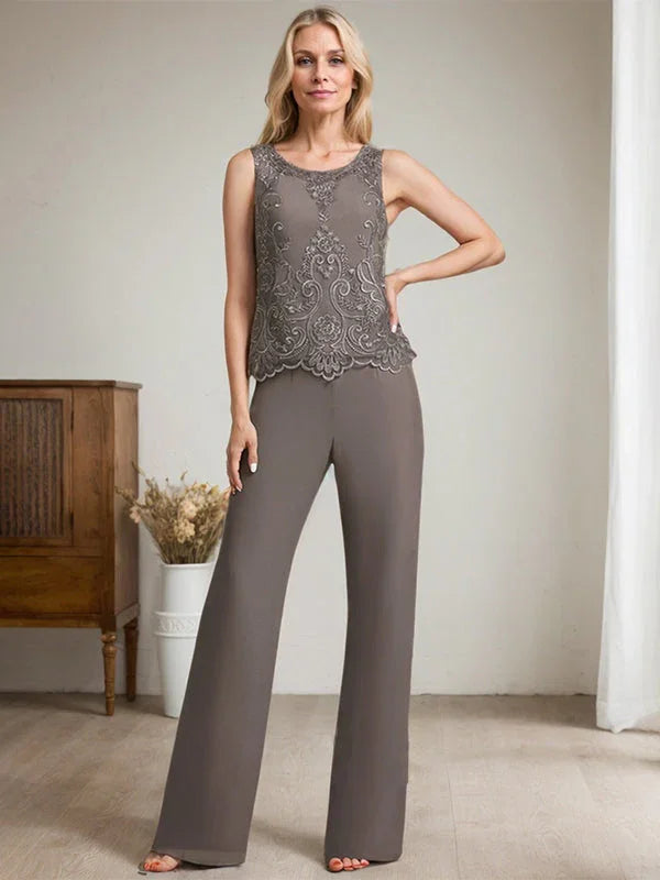 Getrennter Overall/Hosenanzug mit Rundhalsausschnitt, bodenlang, aus Chiffon und Spitze, Mutter-des-Brautkleides mit Perlen und Pailletten