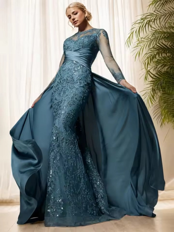 Vestido de Festa Branco Elegante com Aplicações de Renda em Tule, Mangas Compridas, Modelo Linha A, Vestido de Noite Y8514