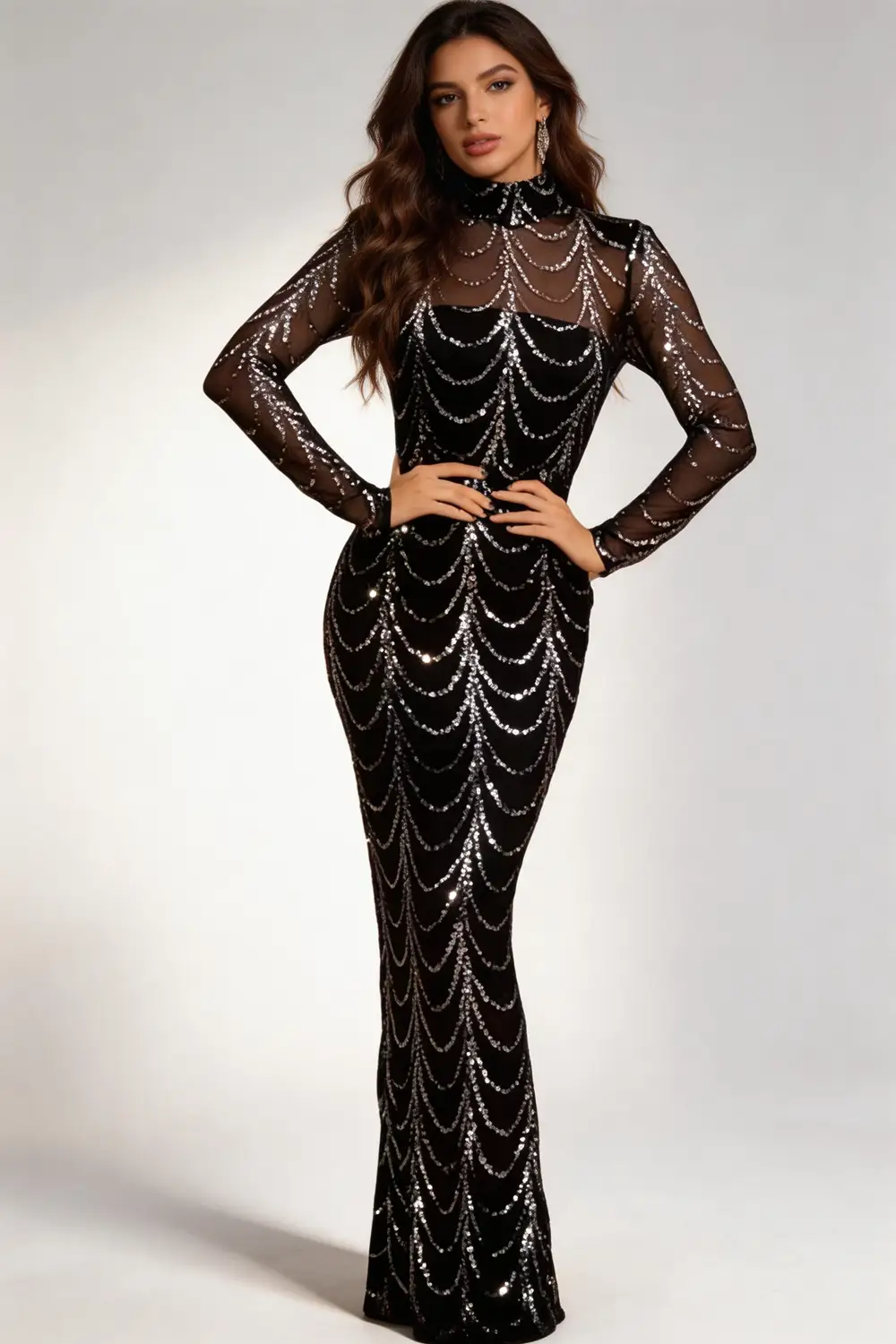 Black Sequin Mermaid Evening Gown | High-Neck Sheer Long Sleeve Formal DressY6821