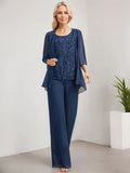 Macacão/Conjunto de Calças com Decote Redondo, Comprimento até ao Chão, em Renda e Chiffon, Vestido de Mãe da Noiva com Lantejoulas