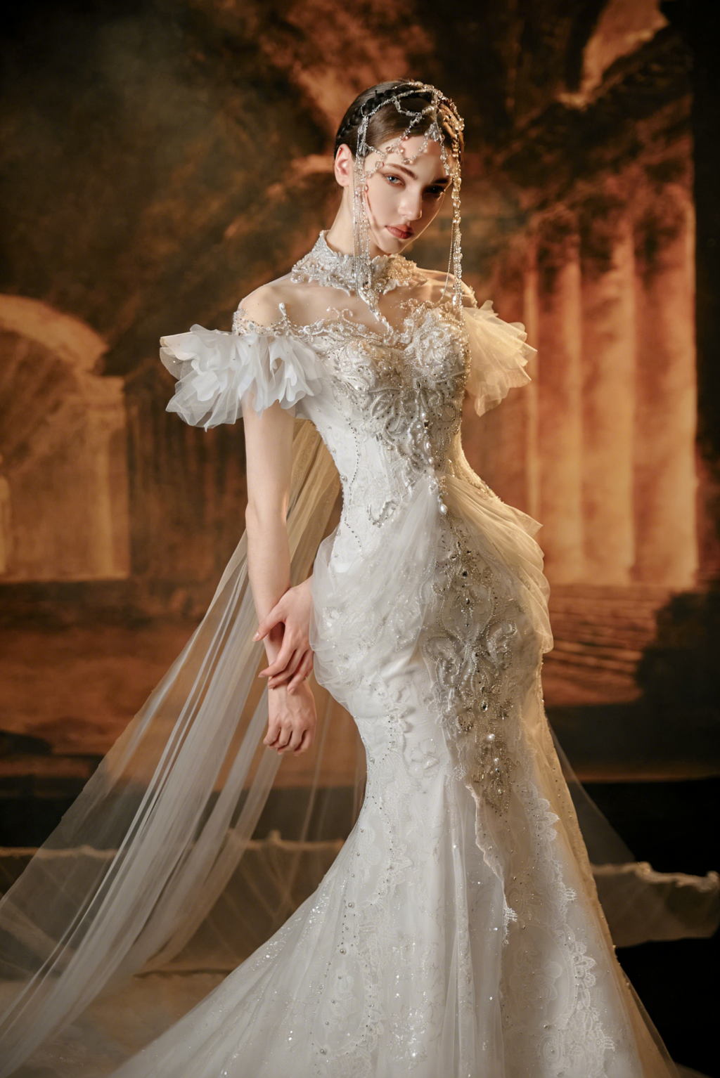 Beaded Mermaid Wedding Dress with High Neck & Ruffled Tulle Sleeves