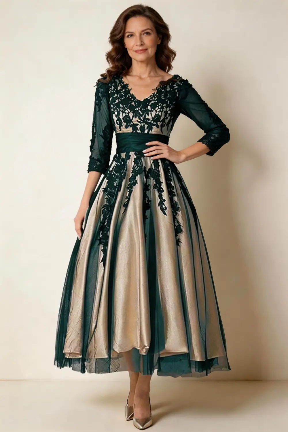 Elegant Dark Green Lace Appliqué Champagne Satin Mother of the Bride Dress by tangjianjun