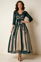 Elegant Dark Green Lace Appliqué Champagne Satin Mother of the Bride Dress by tangjianjun