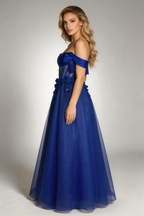 Royal Blue Off-the-Shoulder Corset Ball Gown, 3D Floral Glitter Prom Dress by tangjianjun
