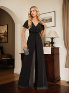 Tuta elegante da sera in chiffon, scollo a V, lunghezza fino al pavimento