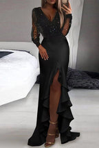 Sexy Patchwork Patchwork V-Ausschnitt Abendkleid Kleider 