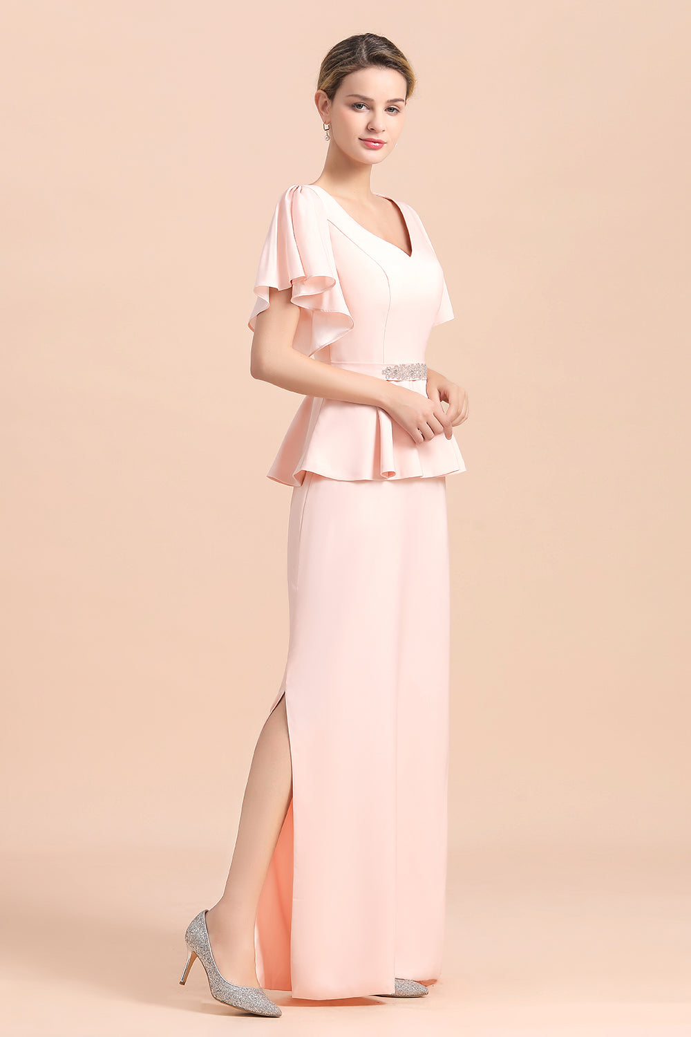 BMbridal Glamorous V-Neck Front Slit Mother of Bride Dresses with Beadings Sash