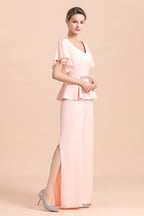 BMbridal Glamorous V-Neck Front Slit Mother of Bride Dresses with Beadings Sash
