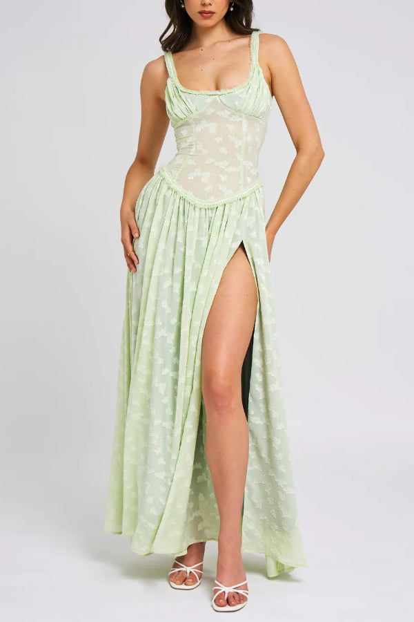 Vestido Maxi Ulissa Verde Claro com Decote Quadrado, Textura Jacquard e Fenda Alta