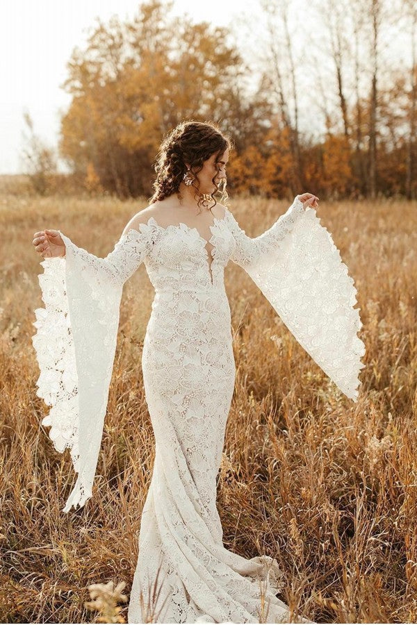 Glamorous Mermaid Wedding Dress With Lace Long Sleeves Floor Length