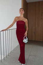 Chic Sequins Strapless Prom Dress With Pleated Detailing Long Gown