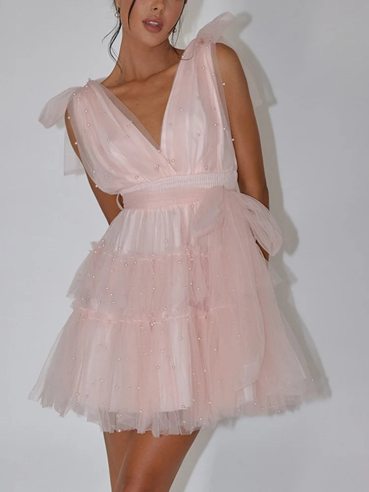 TARUXY Abito da Sera per Donna in Trama Solida con Spacco e Fiocco Mini, Senza Maniche, Scollatura a V Profonda, Elegante e Sexy, Perle
