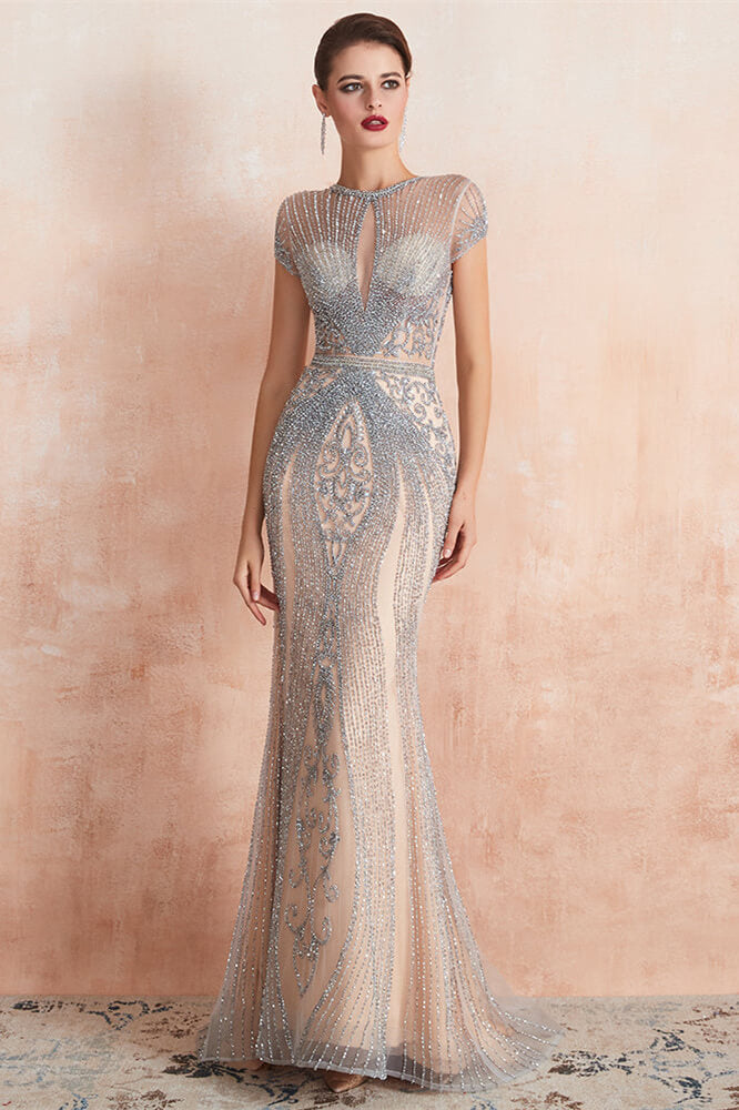 Robe longue de bal à perles de sirène élégante avec manches courtes