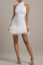 Sexy Party Pailletten Reißverschluss Feder Saum Neckholder Abendkleider 