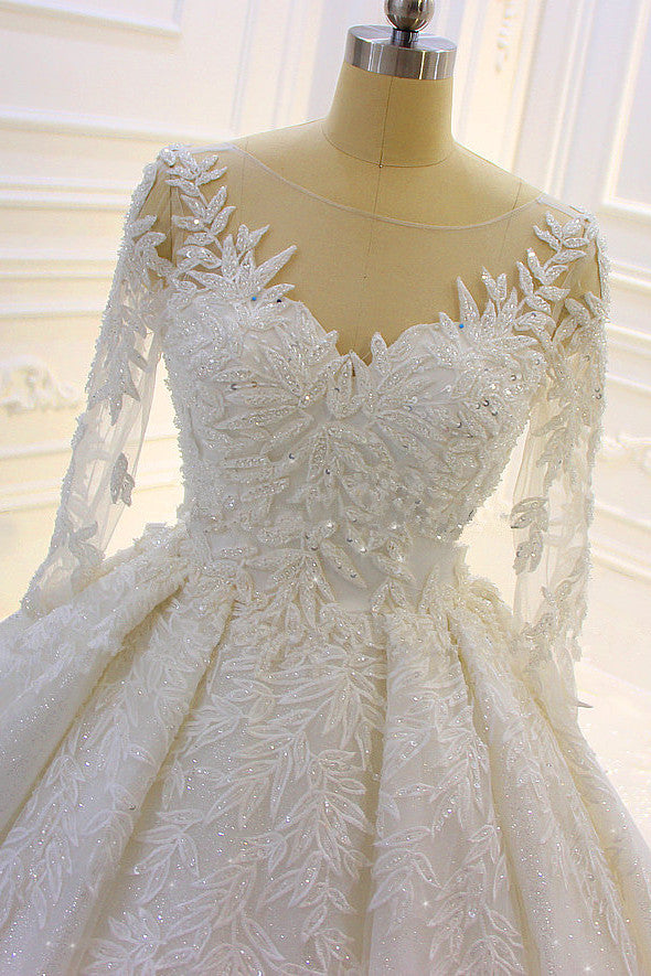 Luxury Ball Gown Bridal Dress With Lace Appliques Beading Long Sleeves Ruffles