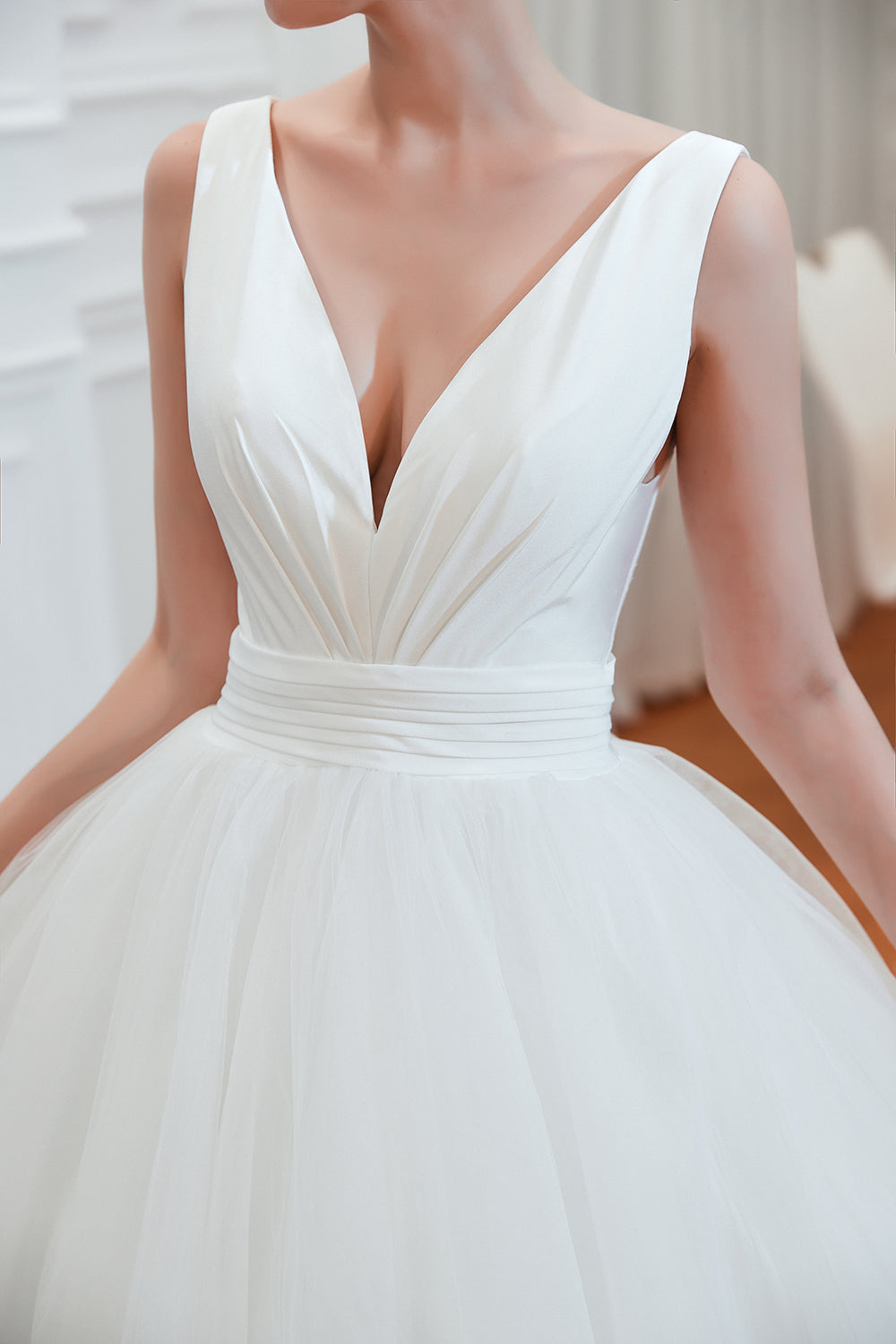 Charming V Neck Wide Straps Deep Floor Length A Line Tulle Wedding Dress